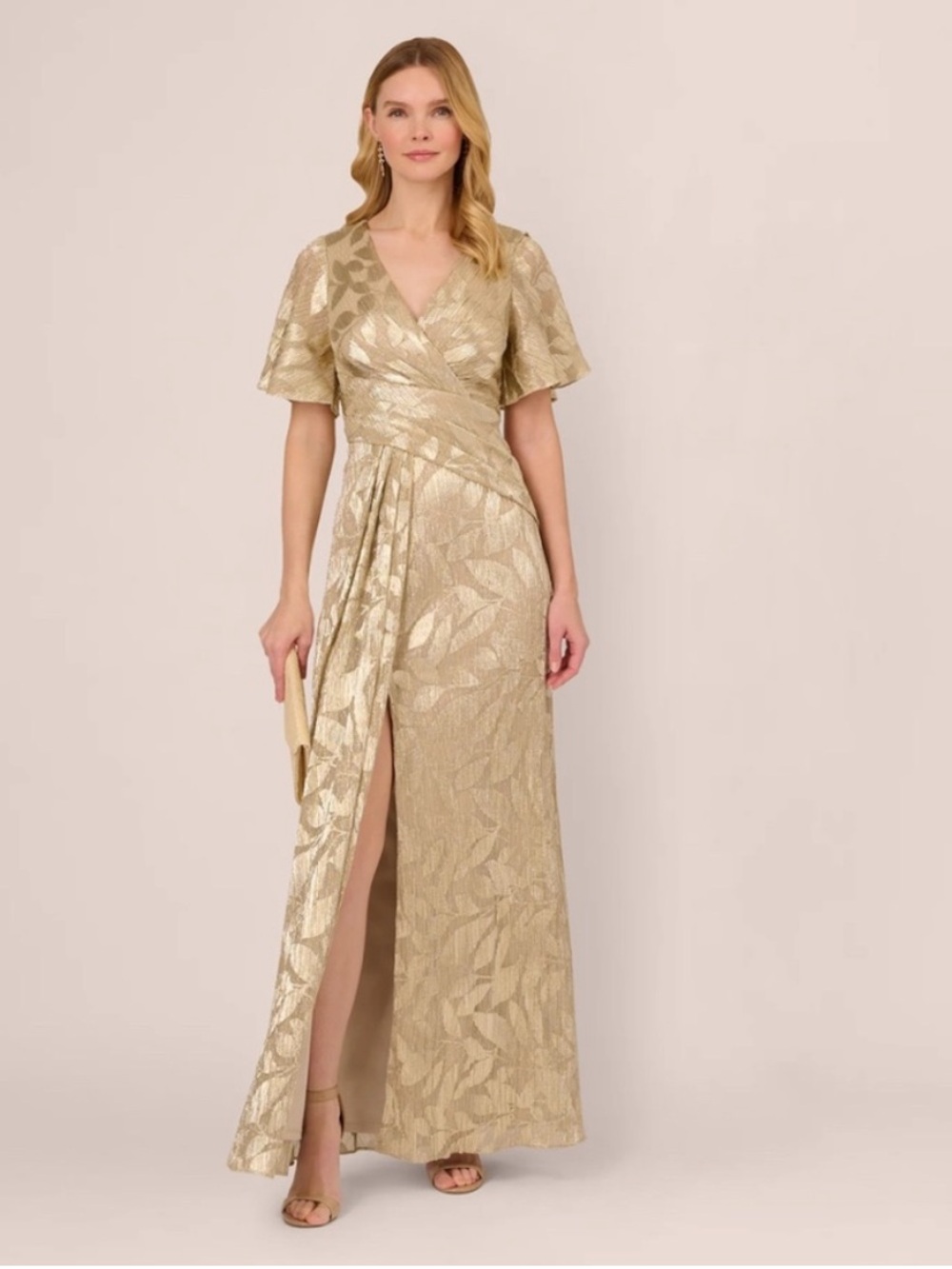Adrianna Papell Metallic Gold Maxi Gown Dress Art Deco Fairy Wedding